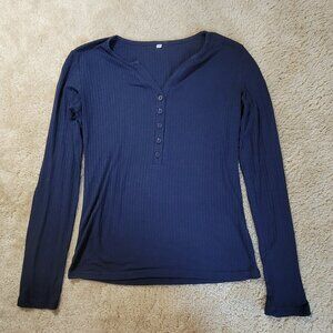 Navy Blue Ribbed Long Sleeve Henley Top | Size S